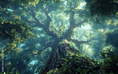 Majestic Ancient Tree in Lush Forest: A Mystical Scene photo