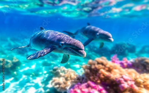 Two dolphins swim above a vibrant coral reef in clear ocean water. photo