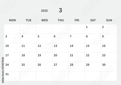 Simple calendar for March 2025, vector, template, gray