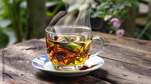 A steaming mug of herbal tea on a wooden table, surrounded by natural greenery. photo