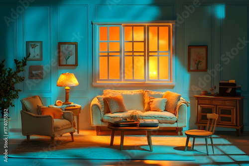 Realistic dollhouse living room with furniture and a glowing window, evoking a sense of nostalgia and creativity photo