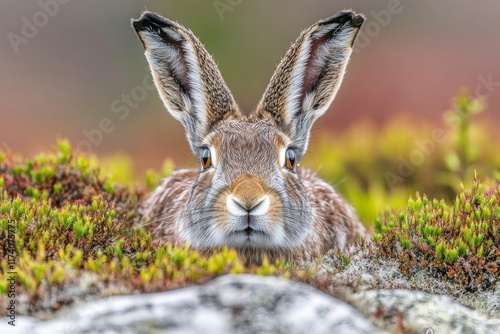 A wild brown European hare stands in the grass, gazing at the camera. Lepus europaeus is positioned on the ground in front of a verdant forest backdrop