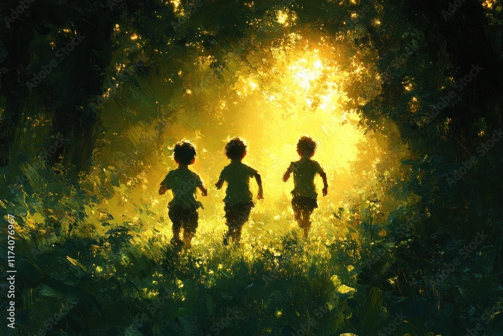 Fototapeta premium Active Children Playing Tag in the Park Brothers and Sisters Running in a Lush Green Landscape