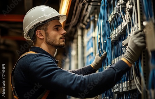 A technician installs an electrical control panel in an industrial environment photo