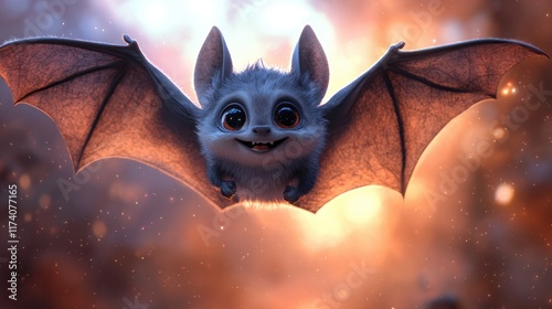 Cute Cartoon Flying Bat in Pastel Sky with Dreamy Sparkles photo