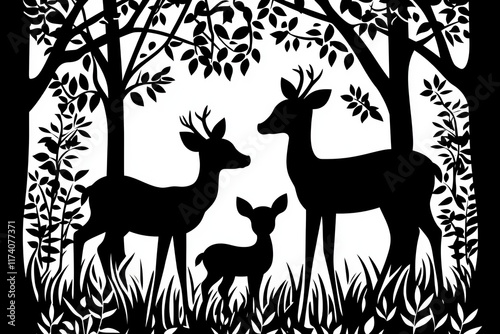 A black silhouette featuring forest animals like deer alongside fir and spruce trees