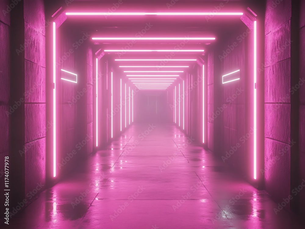 Pink Neon Lights Illuminate Futuristic Corridor Pink Neon Lights Illuminate Futuristic Corridor
