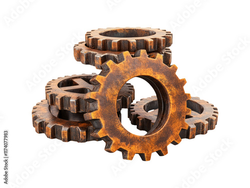 3D Cartoon Style Stacked Gears and Cogs on Transparent Background