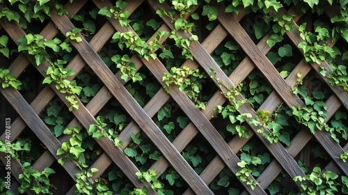 Lush green ivy growing on a rustic wooden trellis.
