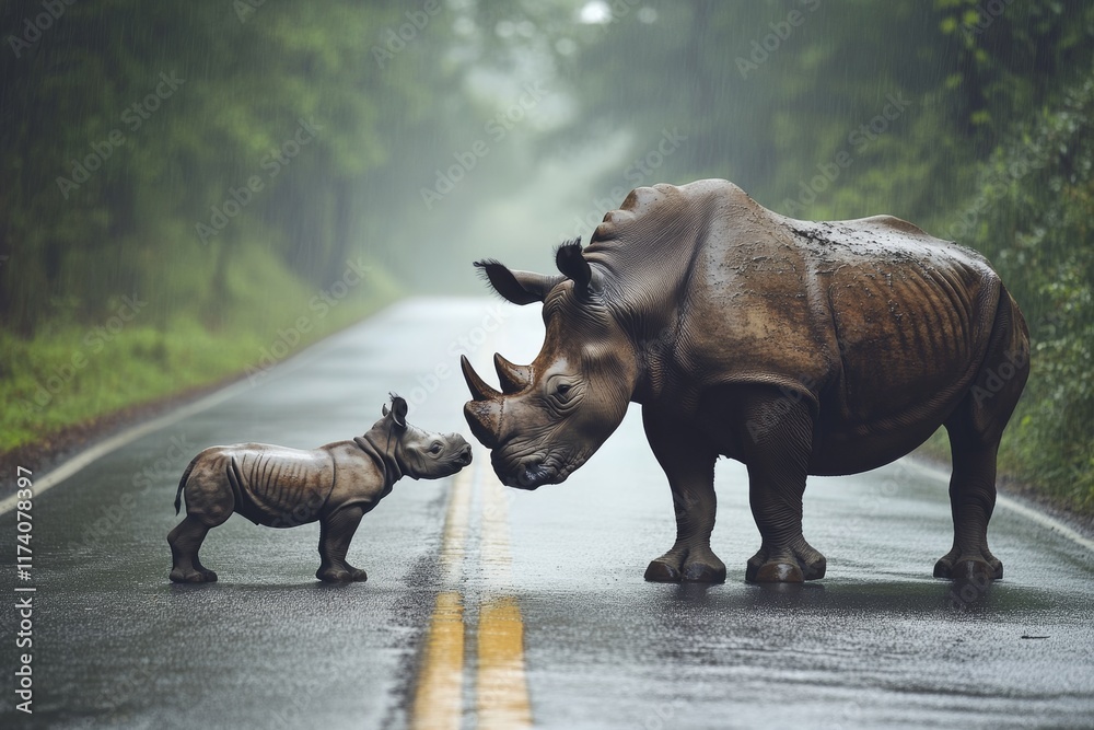 Fototapeta premium A white rhinoceros (Ceratotherium simum) mother and calf walk around and feed in Hluhluwe Game Reserve, South Africa