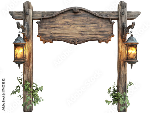 Decorative Wooden 3D Signpost with Lanterns and Plants