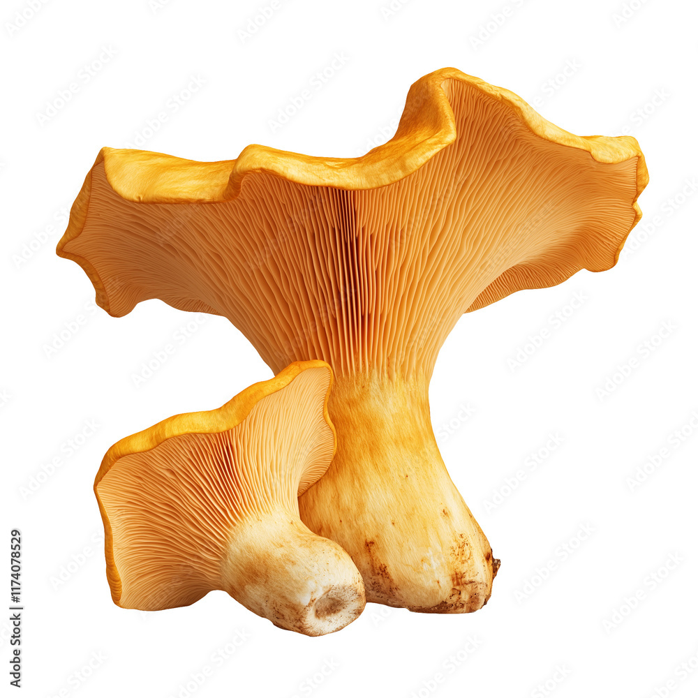 Fototapeta premium Chanterelle mushrooms on transparent background. Illustration of edible mushrooms. Orange mushrooms. Cut out group of mushrooms.