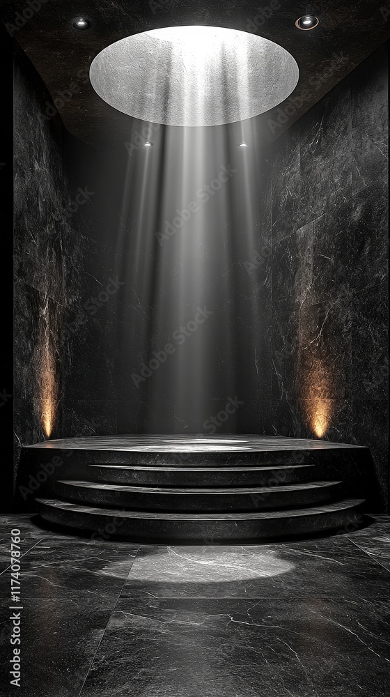 Obraz premium Dark Marble Room Circular Staircase Light Beams