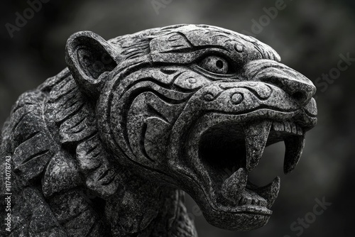 A detailed close-up of a snarling jaguar stone carving, showcasing intricate details and texture.
