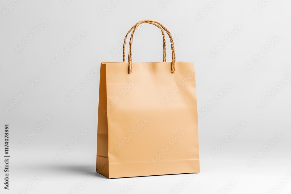 Brown paper shopping bag with twisted handles on plain white background. eco-friendly retail packaging