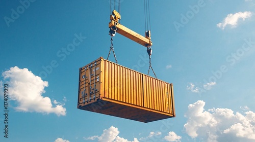 A cargo container beautifully suspended in the blue sky, showcasing industrial strength against fluffy, white clouds. photo