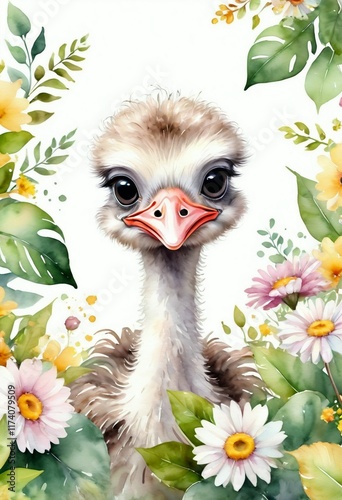 little cute watercolor baby ostrich with flowers photo