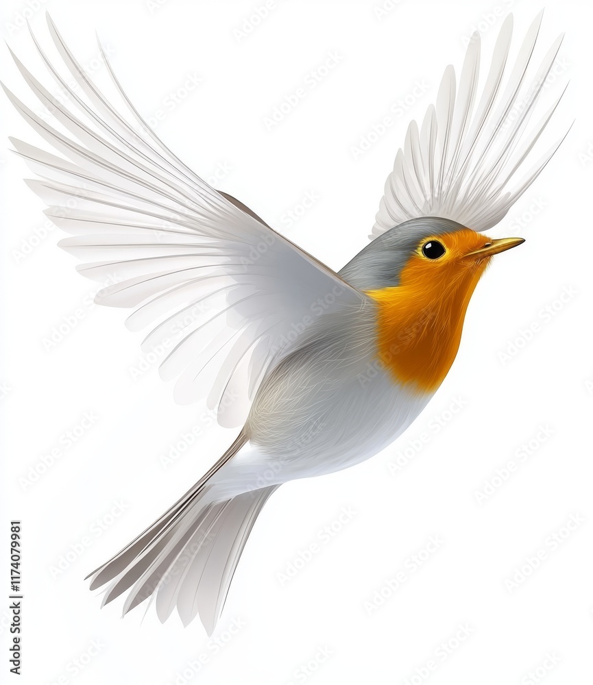 Fototapeta premium An isolated European Robin (Erithacus rubecula) in flight on a transparent background