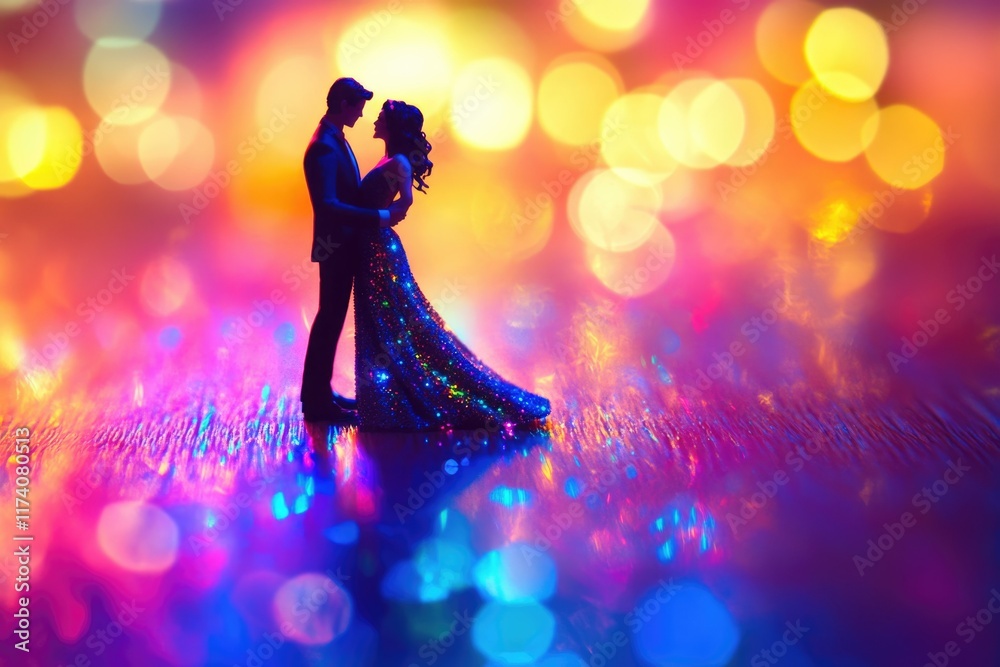 Silhouette of a couple embracing amidst a vibrant, bokeh-filled backdrop, radiating romance and elegance.