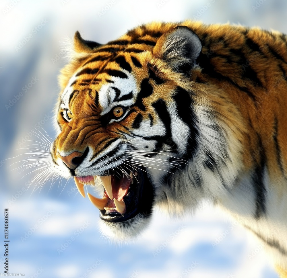 Obraz premium A fierce tiger roaring, isolated head shot, teeth bared in anger by the predator, an aggressive wildcat face, showcasing power, a wild feline in motion, portrait of a striped mammal on a transparent