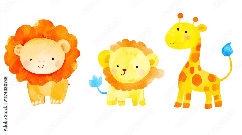 Cute watercolor safari animals featuring an elephant, lion, and giraffe illustration Cute watercolor safari animals featuring an elephant, lion, and giraffe illustration