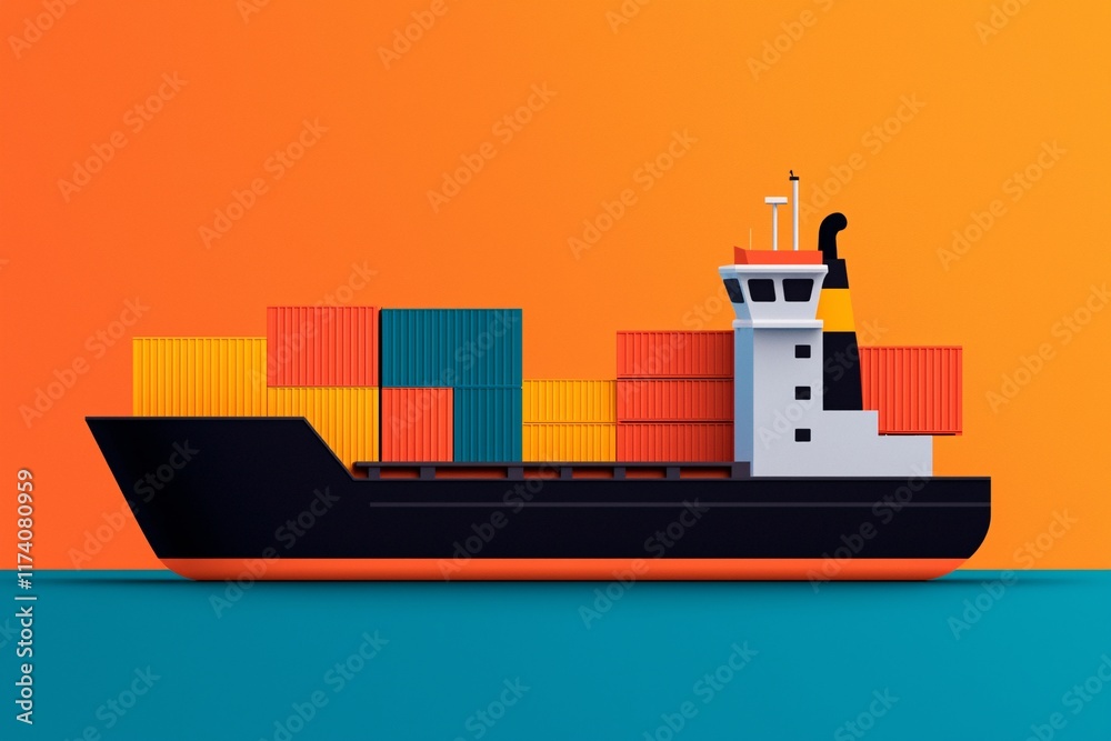 Obraz premium A vibrant representation of a cargo ship loaded with colorful containers against a gradient orange backdrop, symbolizing trade.