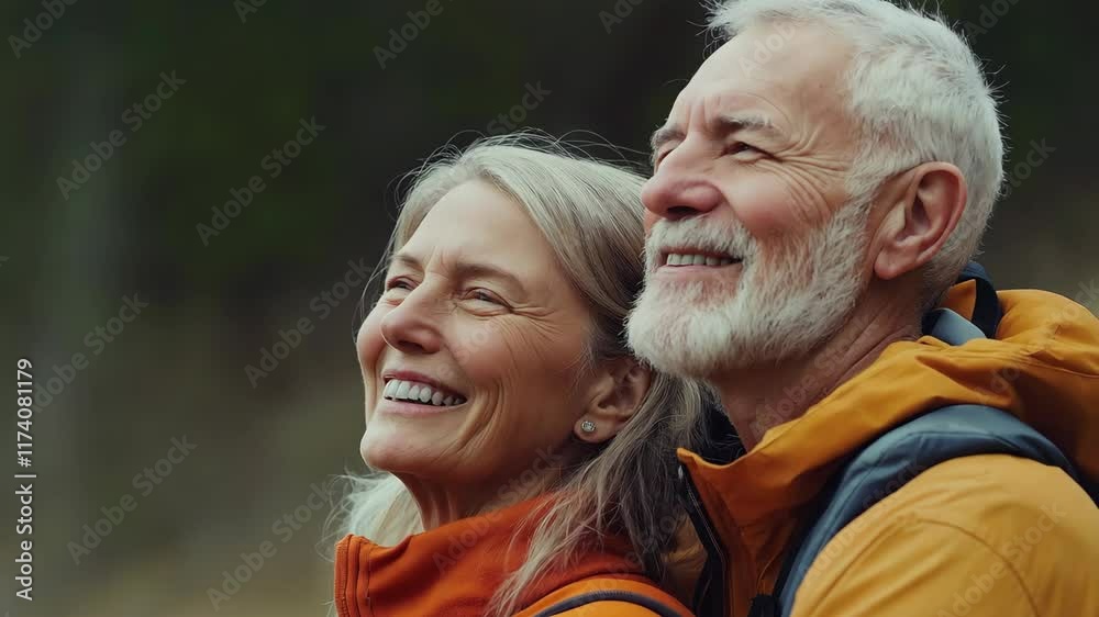Joyful elderly couple smiling and enjoying their time outdoors Joyful elderly couple smiling and enjoying their time outdoors