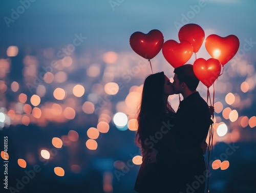 Silhueta de um casal apaixonado trocando carinho em paisagem urbana, com baloes de coração. Cena romântica ideal para o Dia dos Namorados, transmitindo amor e alegria.