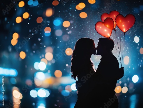 Silhueta de um casal apaixonado trocando carinho em paisagem urbana, com baloes de coração. Cena romântica ideal para o Dia dos Namorados, transmitindo amor e alegria. photo