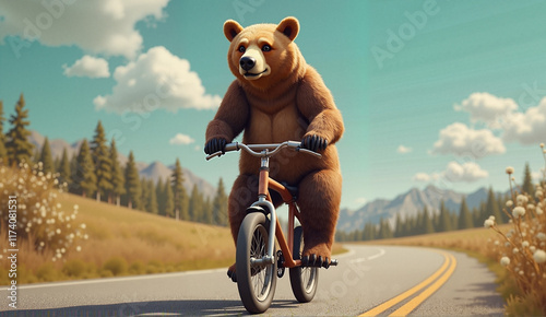 Humorous Brown Bear Riding a Bicycle on a Scenic Country Road