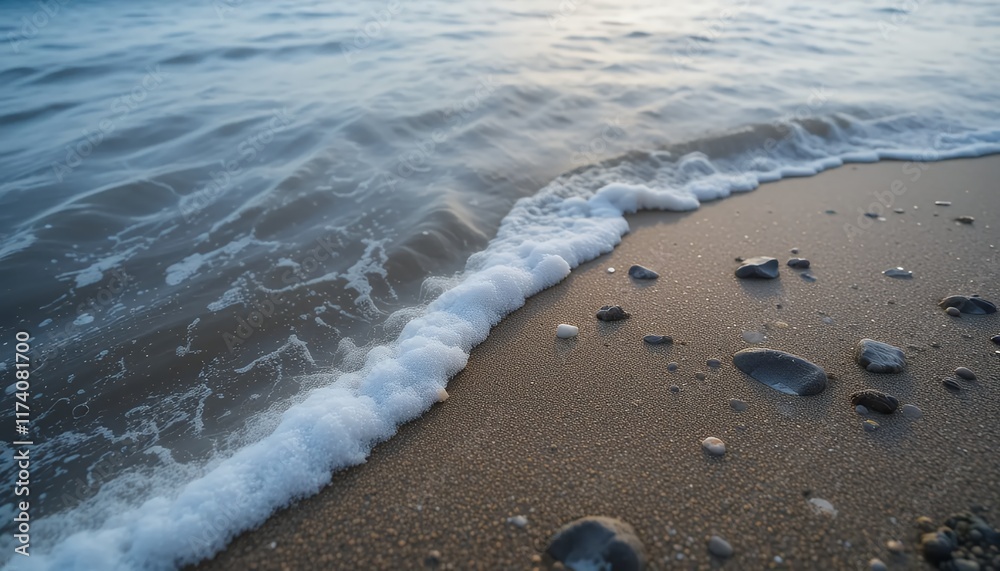 Serene Coastal Scene: Soft Ocean Waves Gently Caressing Sandy Shore, Close-up View of Foamy Texture, Pebbles and Sand Grains at Dawn, Peaceful Seascape, Summer Vacation, Travel Background Serene Coastal Scene: Soft Ocean Waves Gently Caressing Sandy Shore, Close-up View of Foamy Texture, Pebbles and Sand Grains at Dawn, Peaceful Seascape, Summer Vacation, Travel Background