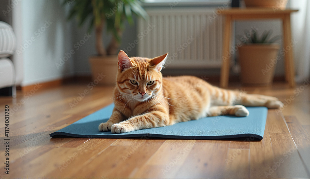Relaxed Ginger Cat on a Yoga Mat in a Cozy Room