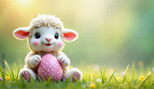 Cute Lamb Holding Pink Polka Dot Easter Egg on Sunny Grass Field