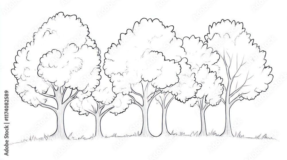 Naklejka premium Four Simple Line Drawing Trees in a Row