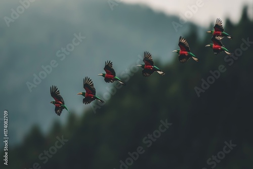 In the green forest of Savegre, Costa Rica, the Resplendent Quetzal, Pharomachrus mocinno, flies magnificently. This sacred creature, with its vibrant green and red plumage, is caught mid-flight. A photo