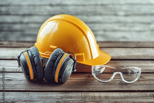Protective equipment for industrial safety. Work safety gear set on a wooden table with a red-colored background