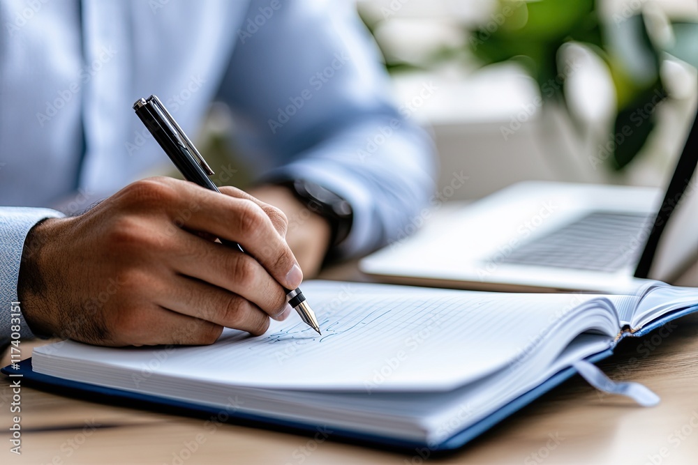A close-up view of a male student taking handwritten notes in a notebook while studying online from home. He is writing in a notepad and talking on a distant webcam during a virtual Zoom call on his A close-up view of a male student taking handwritten notes in a notebook while studying online from home. He is writing in a notepad and talking on a distant webcam during a virtual Zoom call on his