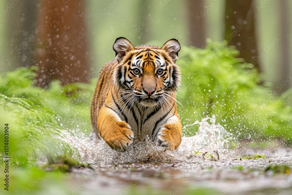 Obraz premium A Siberian tiger moves swiftly in the river, with water splashing around