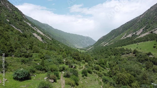 Aerial view of Alamedin Canyon, Kyrgyzstan on a beautiful day. Alamedin Canyon, or Alamedin Gorge, is the closest canyon to Bishkek and a popular hiking spot. photo