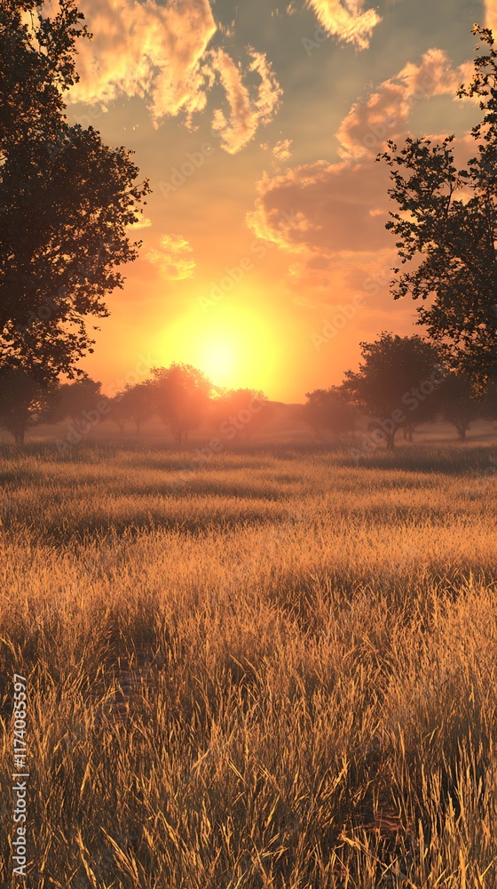 Obraz premium A serene sunset over a grassy field, evoking tranquility and natural beauty.