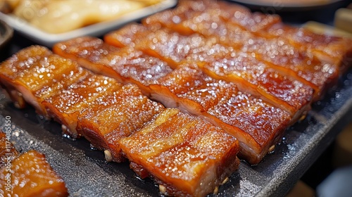 Delicious glazed pork belly slices on display. Food market background. For recipe, food blog, or restaurant menu. photo