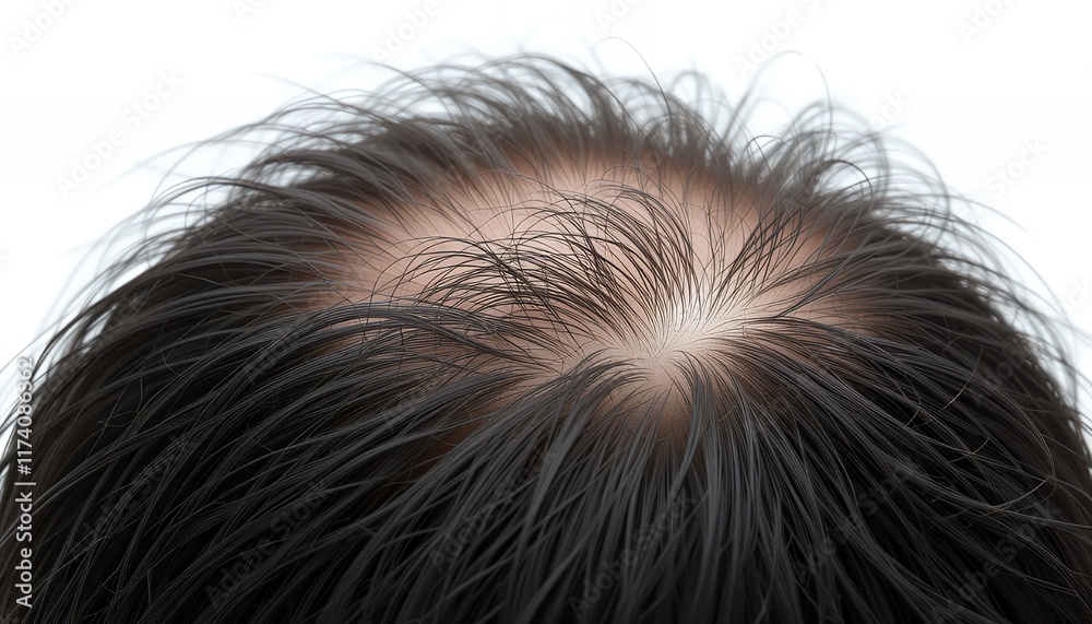 Close-up view of a man's head showing significant hair loss and thinning, revealing the scalp's texture. The image provides a detailed representation of male pattern baldness or alopecia, offering Close-up view of a man's head showing significant hair loss and thinning, revealing the scalp's texture. The image provides a detailed representation of male pattern baldness or alopecia, offering