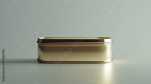 Gold rectangular box on neutral background; packaging mockup. photo