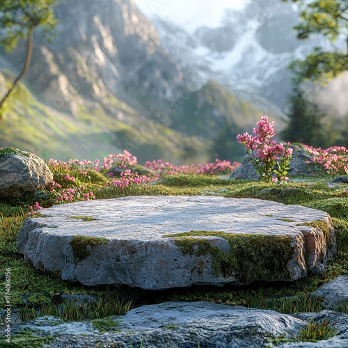 Serene Mountaintop Stone Platform with Pink Flowers