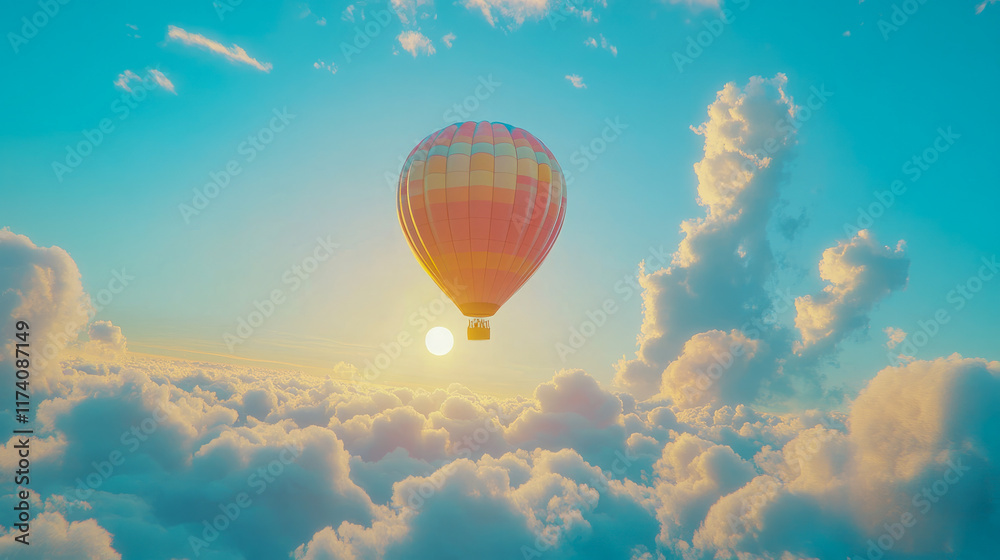 Naklejka premium Colorful hot air balloon soaring in a vibrant sky above clouds at sunrise