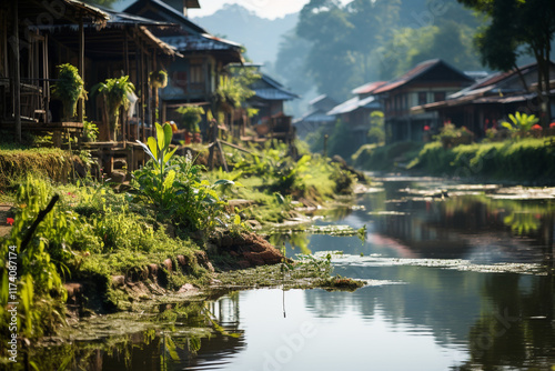 Behold, a resplendent tableau of a riverside hamlet, where quaint abodes are nestled harmoniously along meandering river, their ethereal beauty mirrored in tranquil waters  photo