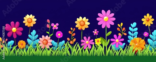 Vibrant Floral Illustration with Colorful Flowers and Lush Green Grass Against a Night Sky Background