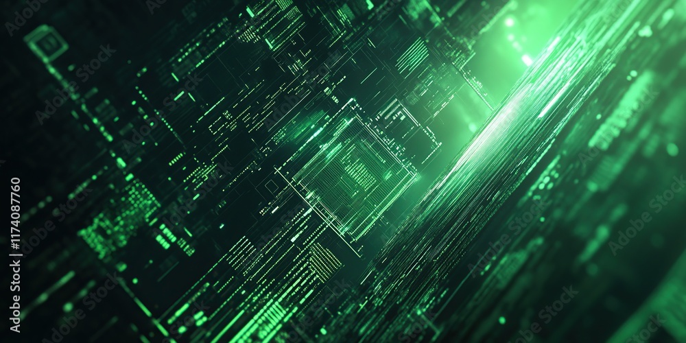 Obraz premium Abstract Digital Green Data Stream Visualization: Futuristic Technology Background