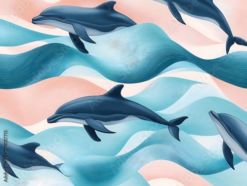 Gradient Pattern of Whales and Dolphins in Abstract Waves photo