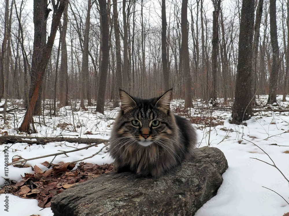 A trunk serves as a platform for the European wild cat, Felis s. Silvestris, which surveys its environment A trunk serves as a platform for the European wild cat, Felis s. Silvestris, which surveys its environment